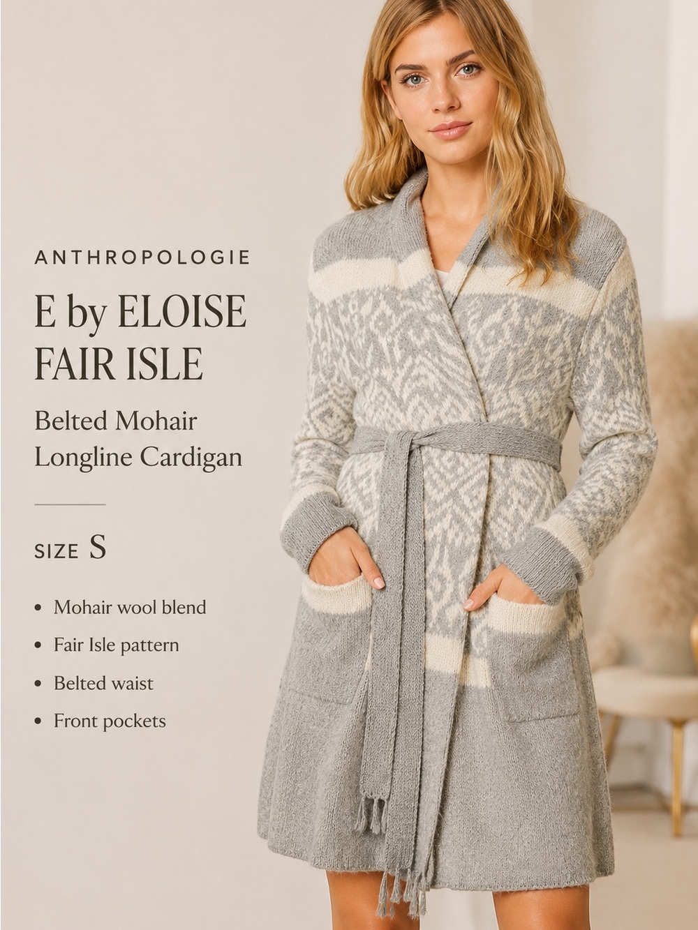 Anthropologie E by Eloise Fair Isle Belted Mohair Wool Blend Longline Cardigan S